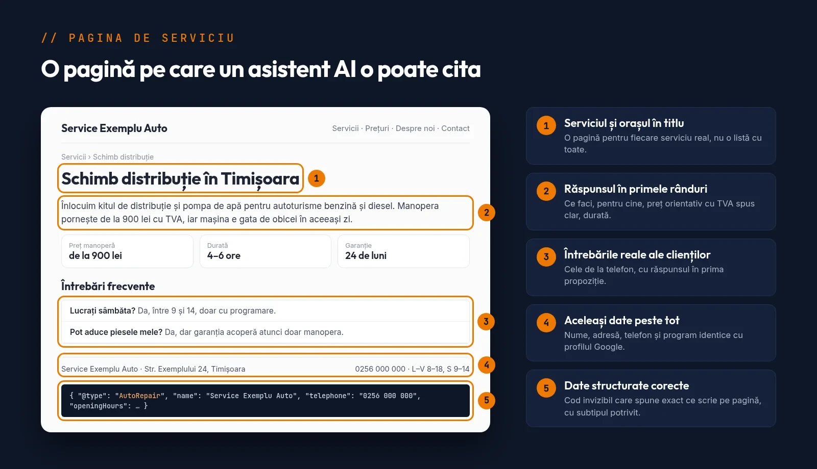 Pagină de serviciu a unui service auto fictiv, adnotată cu elementele care o fac ușor de citat de un asistent AI: titlu cu serviciul și orașul, răspuns direct cu prețul și durata, întrebări frecvente, date de contact identice și date structurate