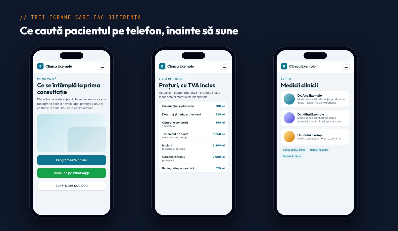 Trei ecrane de telefon ale unui site stomatologic: prima vizită, lista de prețuri și echipa