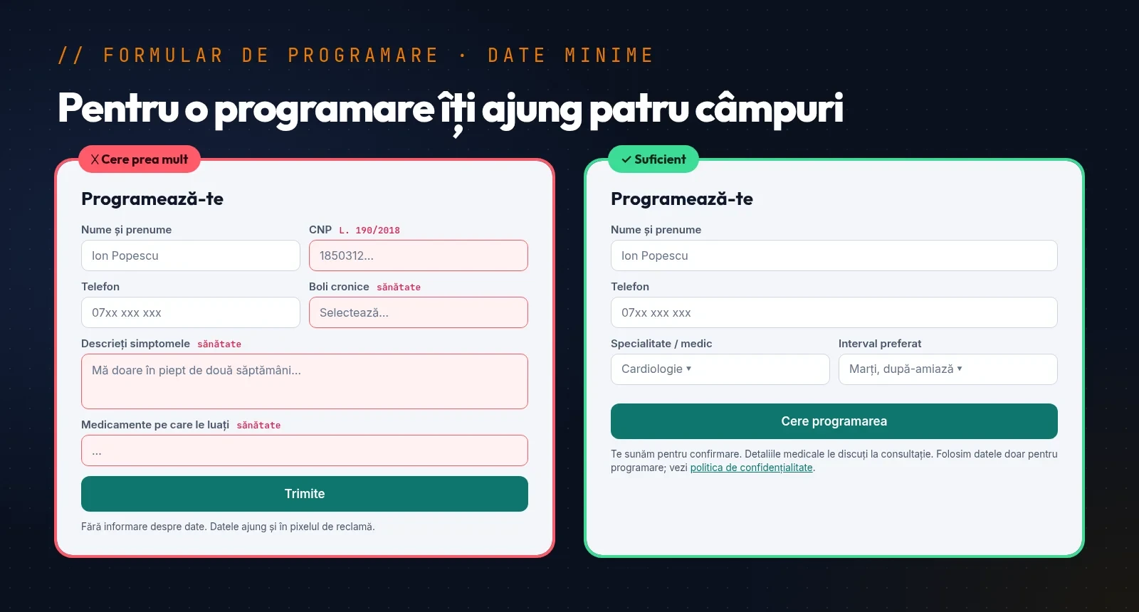 Două formulare de programare comparate: unul cu CNP, simptome și istoric medical, marcat greșit, și unul cu nume, telefon, specialitate și interval, marcat corect