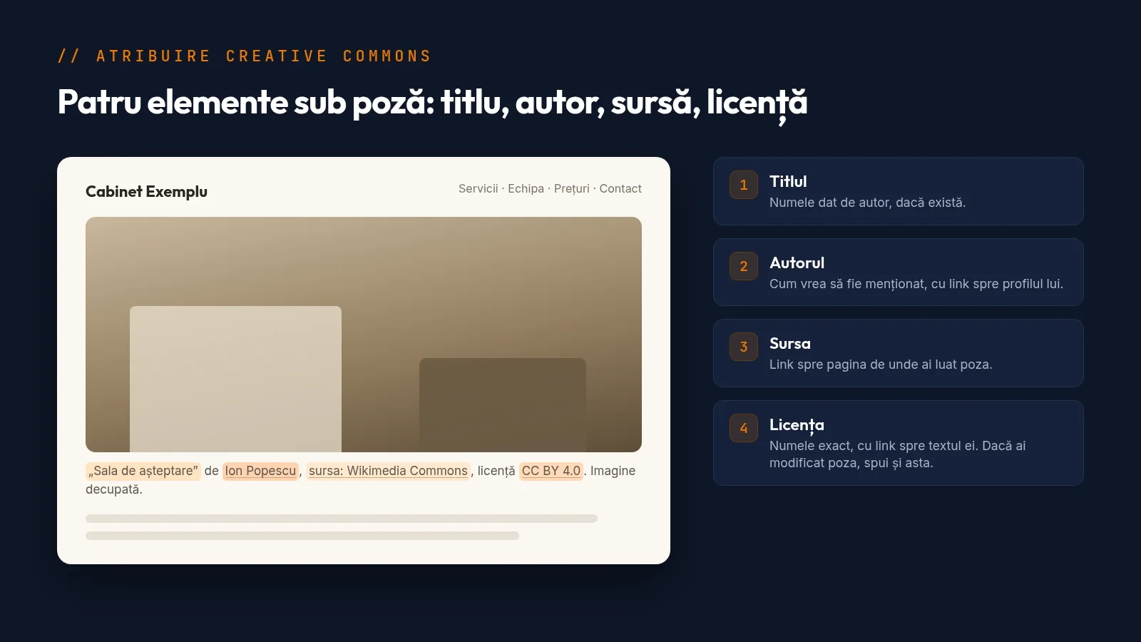 Exemplu adnotat de imagine sub licență Creative Commons pe un site, cu atribuirea completă: titlul, autorul, sursa și licența