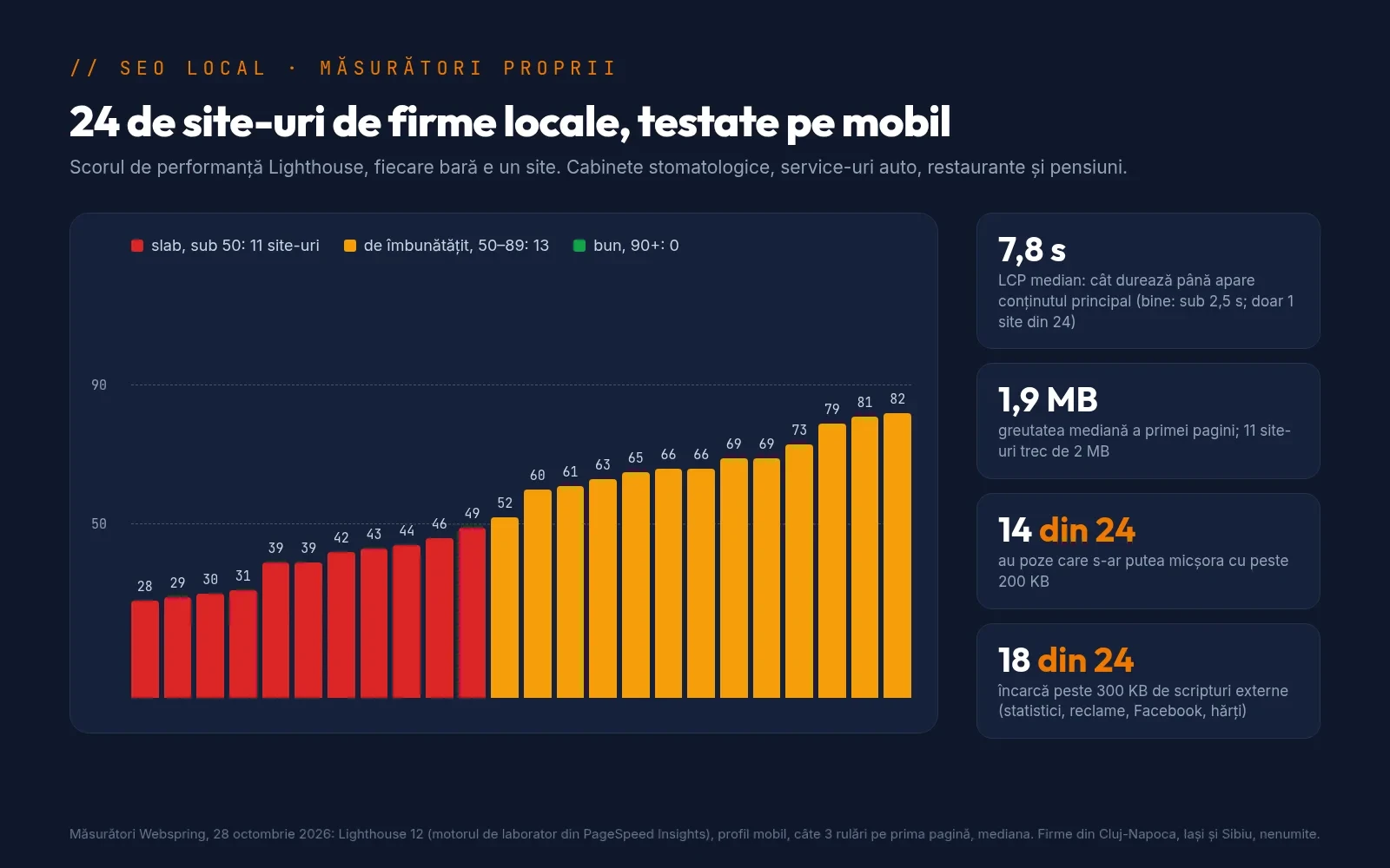 Grafic cu scorurile de performanță pe mobil ale celor 24 de site-uri testate, ordonate crescător: 11 sub 50, 13 între 50 și 89, niciunul peste 90, plus LCP median de 7,8 secunde și greutatea mediană a paginii de 1,9 MB